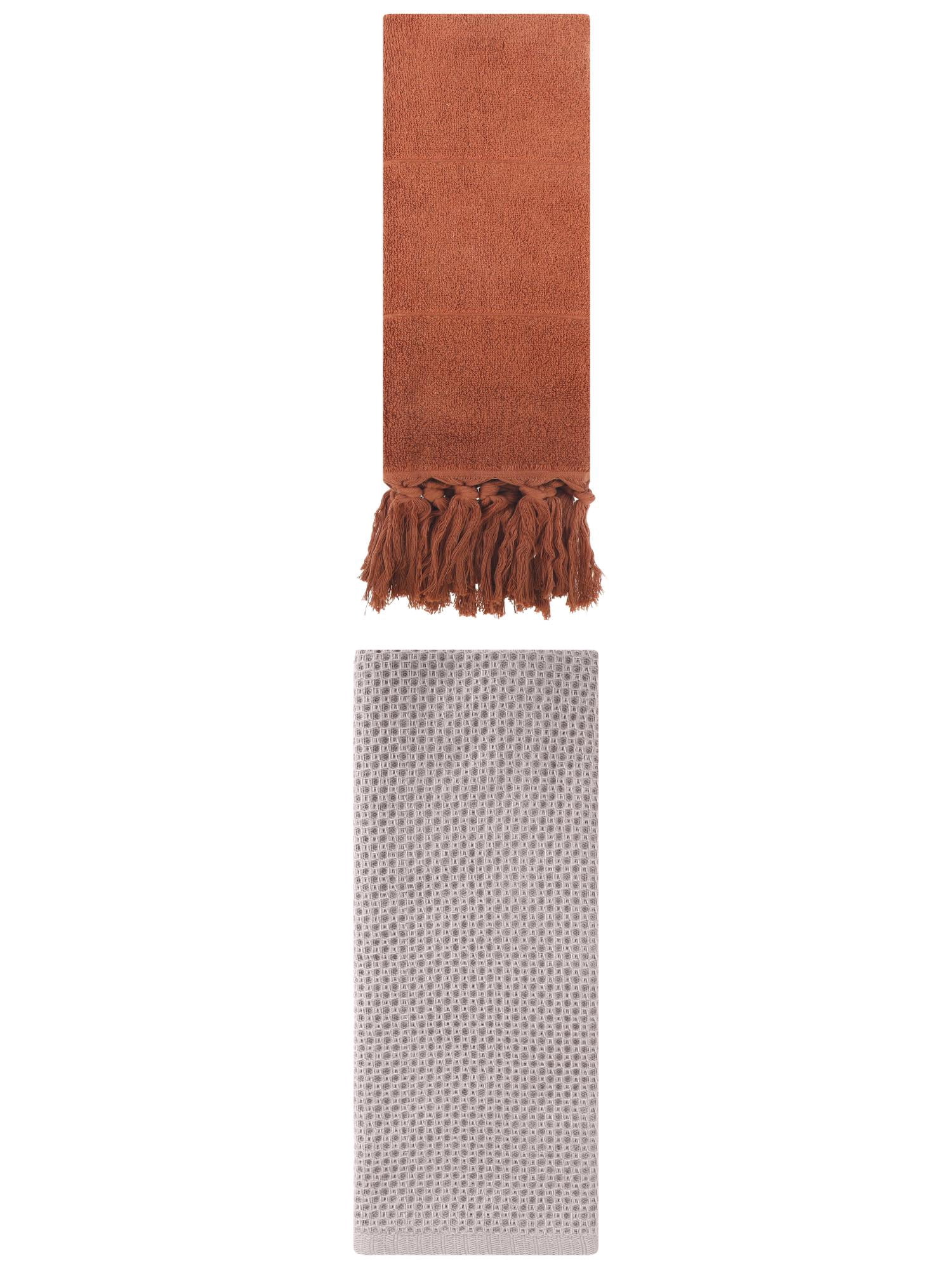 Unique Bargains 2 Pcs Tassels and Waffle Hand Towel Brown/Camel 14"x30"/13"x30"