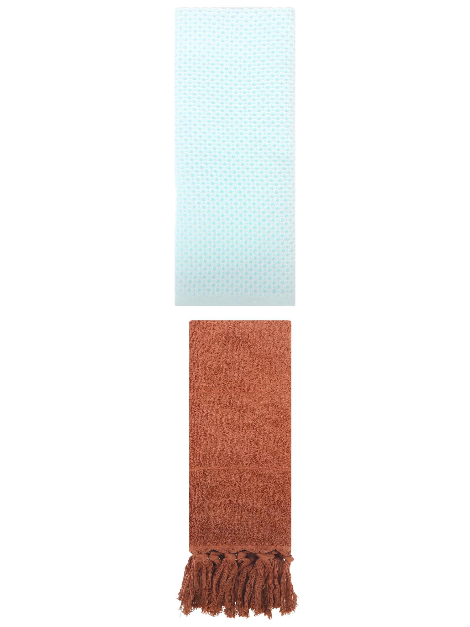 Unique Bargains 2 Pcs Tassels and Waffle Hand Towel Brown/Light Cyan 14"x30"/13"x30"