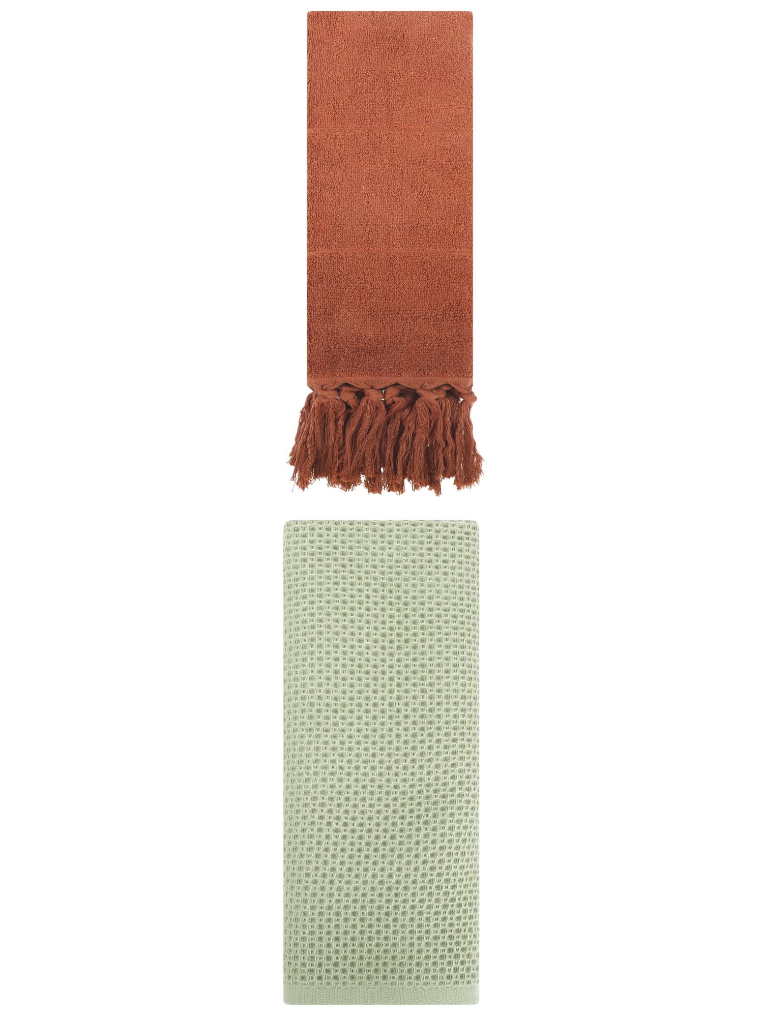 Unique Bargains 2 Pcs Tassels and Waffle Hand Towel Brown/Light Green 14"x30"/13"x30"