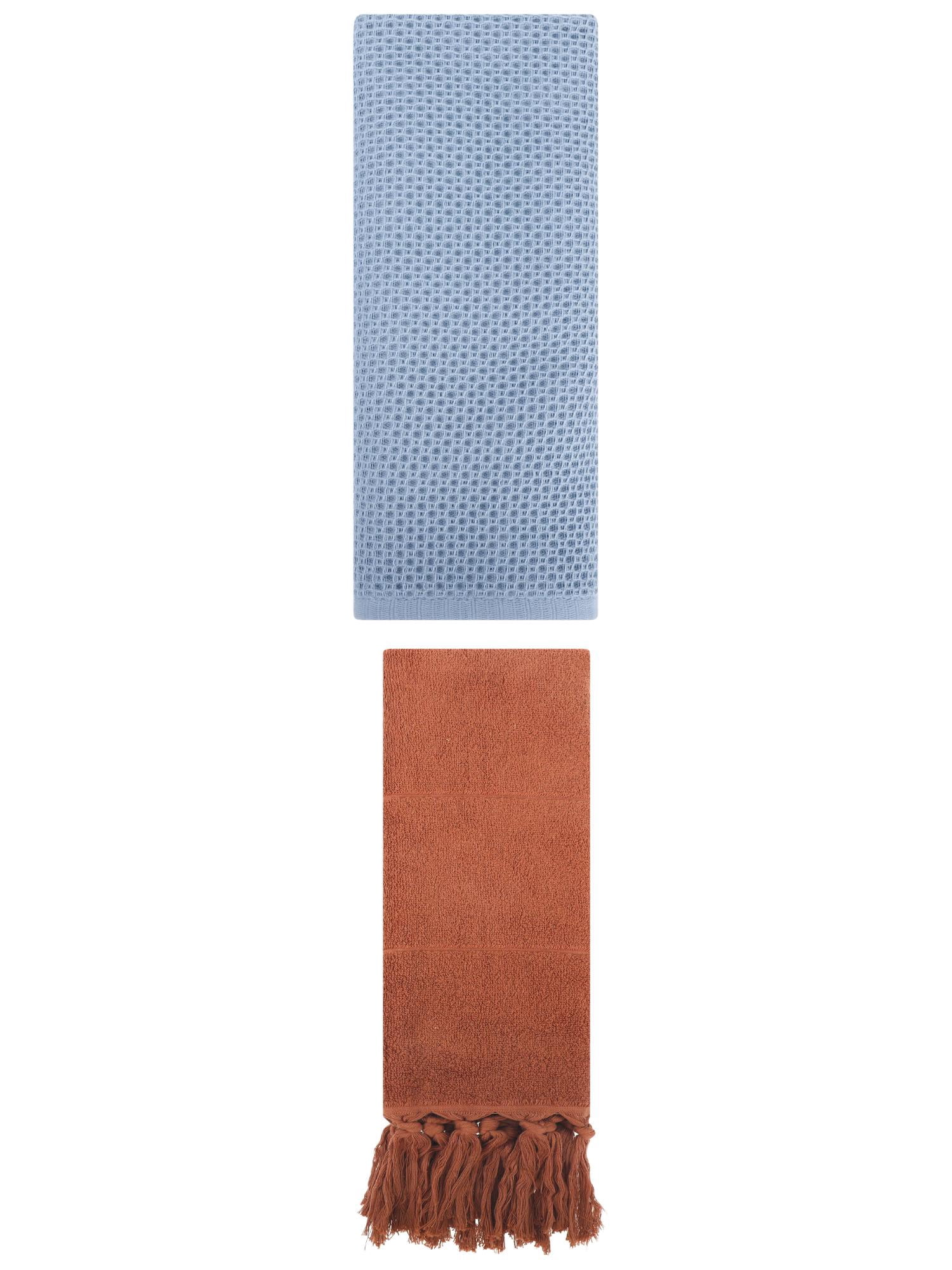 Unique Bargains 2 Pcs Tassels and Waffle Hand Towel Brown/Steel Blue 14"x30"/13"x30"