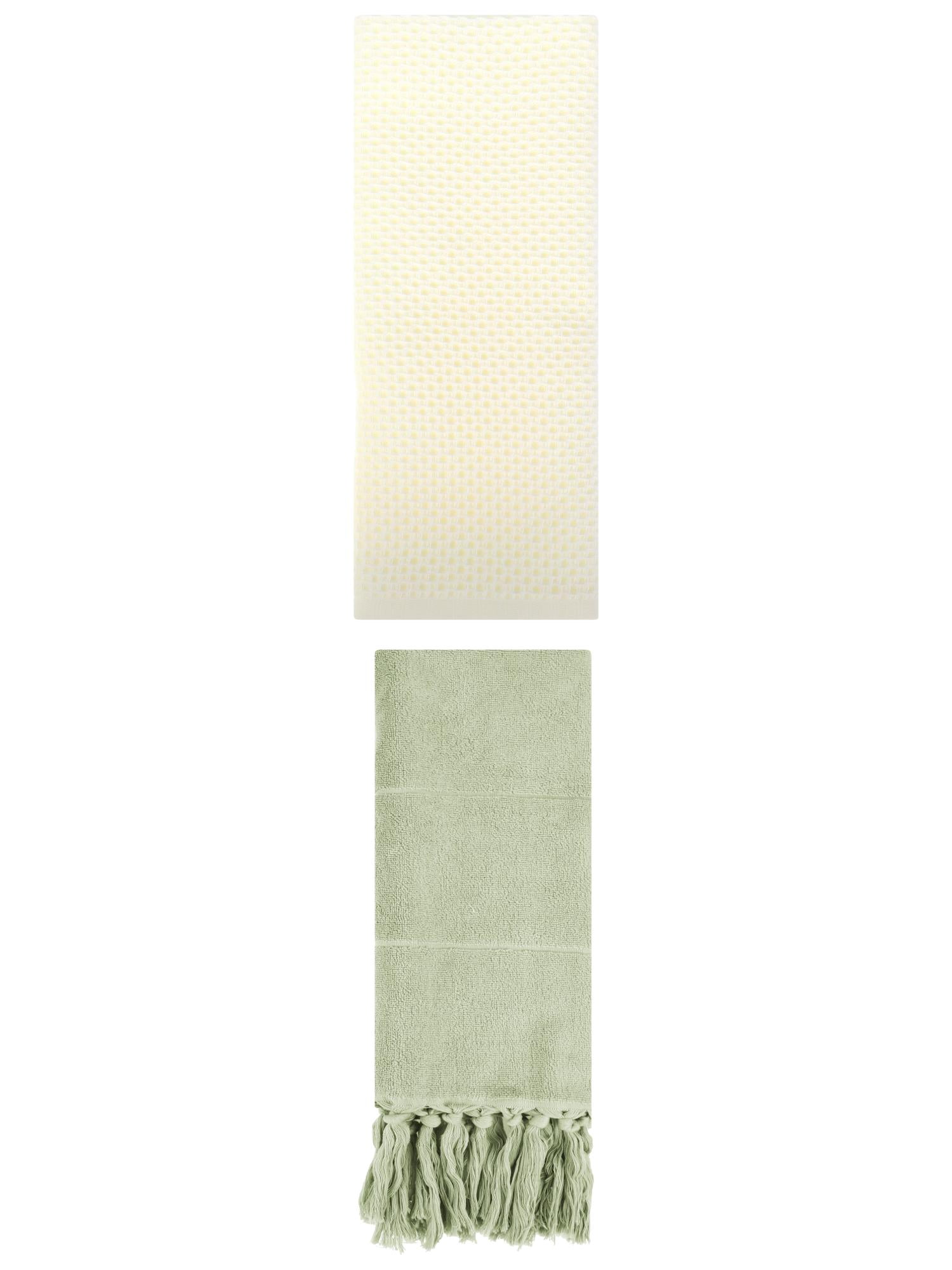 Unique Bargains 2 Pcs Tassels and Waffle Hand Towel Green/Beige 14"x30"/13"x30"