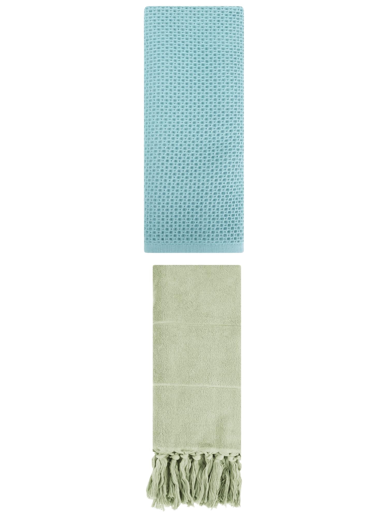 Unique Bargains 2 Pcs Tassels and Waffle Hand Towel Green/Light Blue 14"x30"/13"x30"