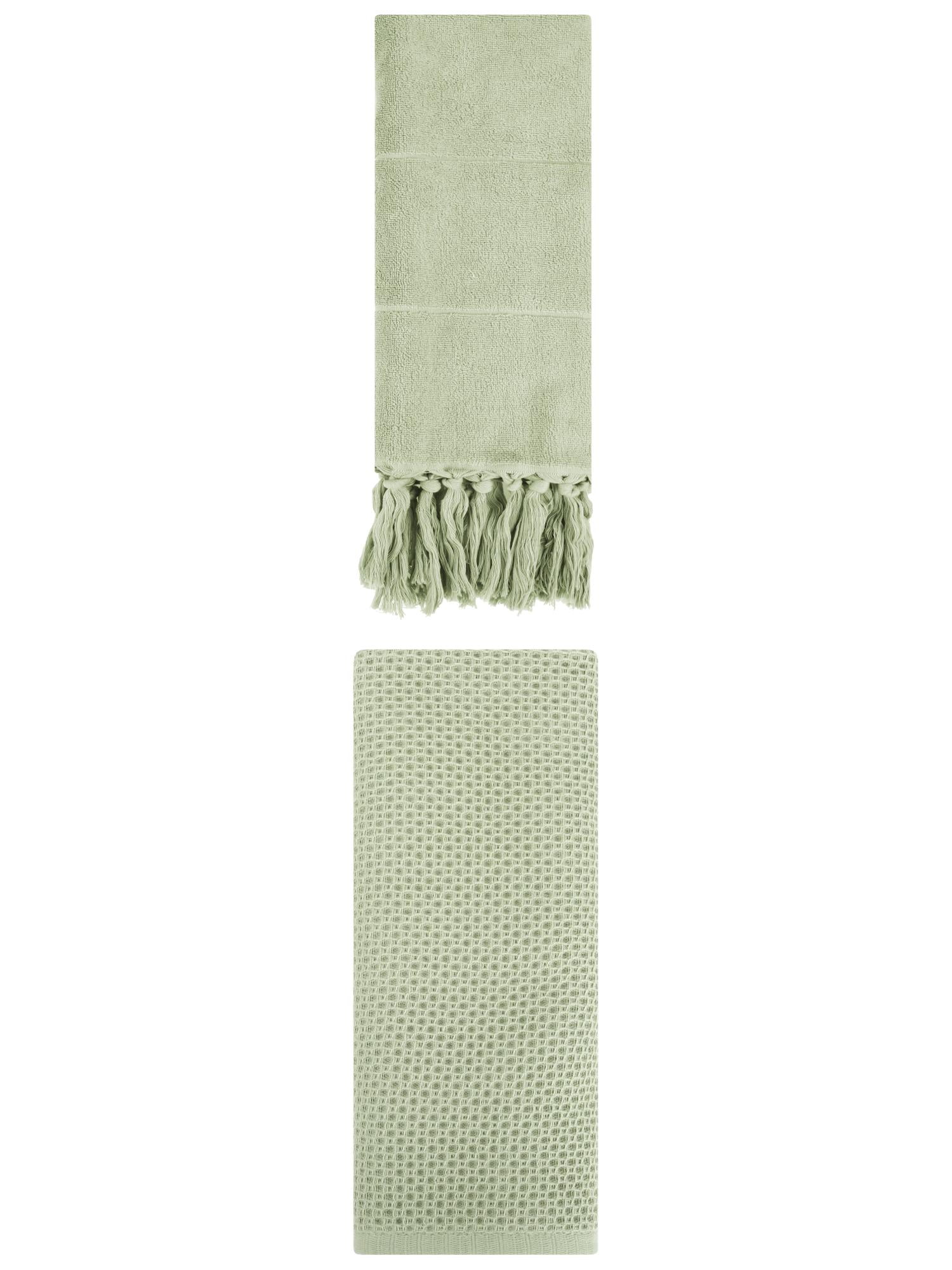 Unique Bargains 2 Pcs Tassels and Waffle Hand Towel Green/Light Green 14"x30"/13"x30"