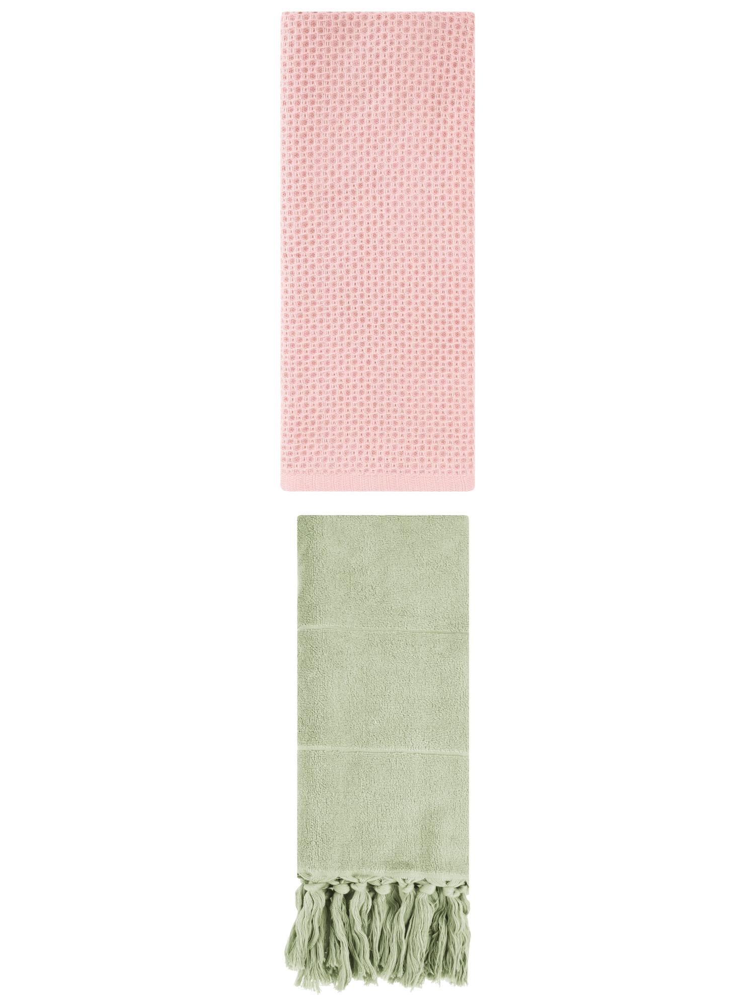 Unique Bargains 2 Pcs Tassels and Waffle Hand Towel Green/Pink 14"x30"/13"x30"