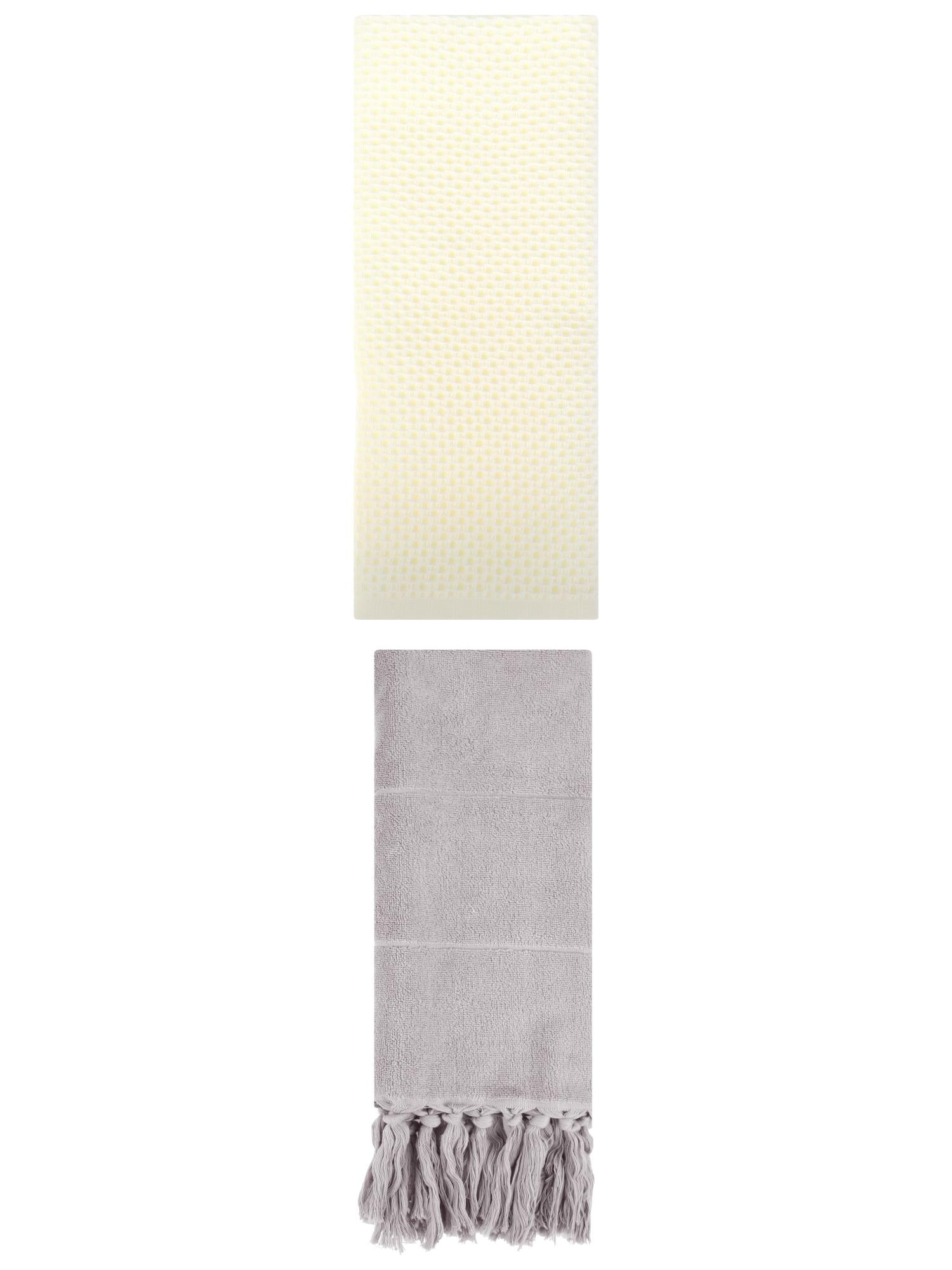 Unique Bargains 2 Pcs Tassels and Waffle Hand Towel Grey/Beige 14"x30"/13"x30"