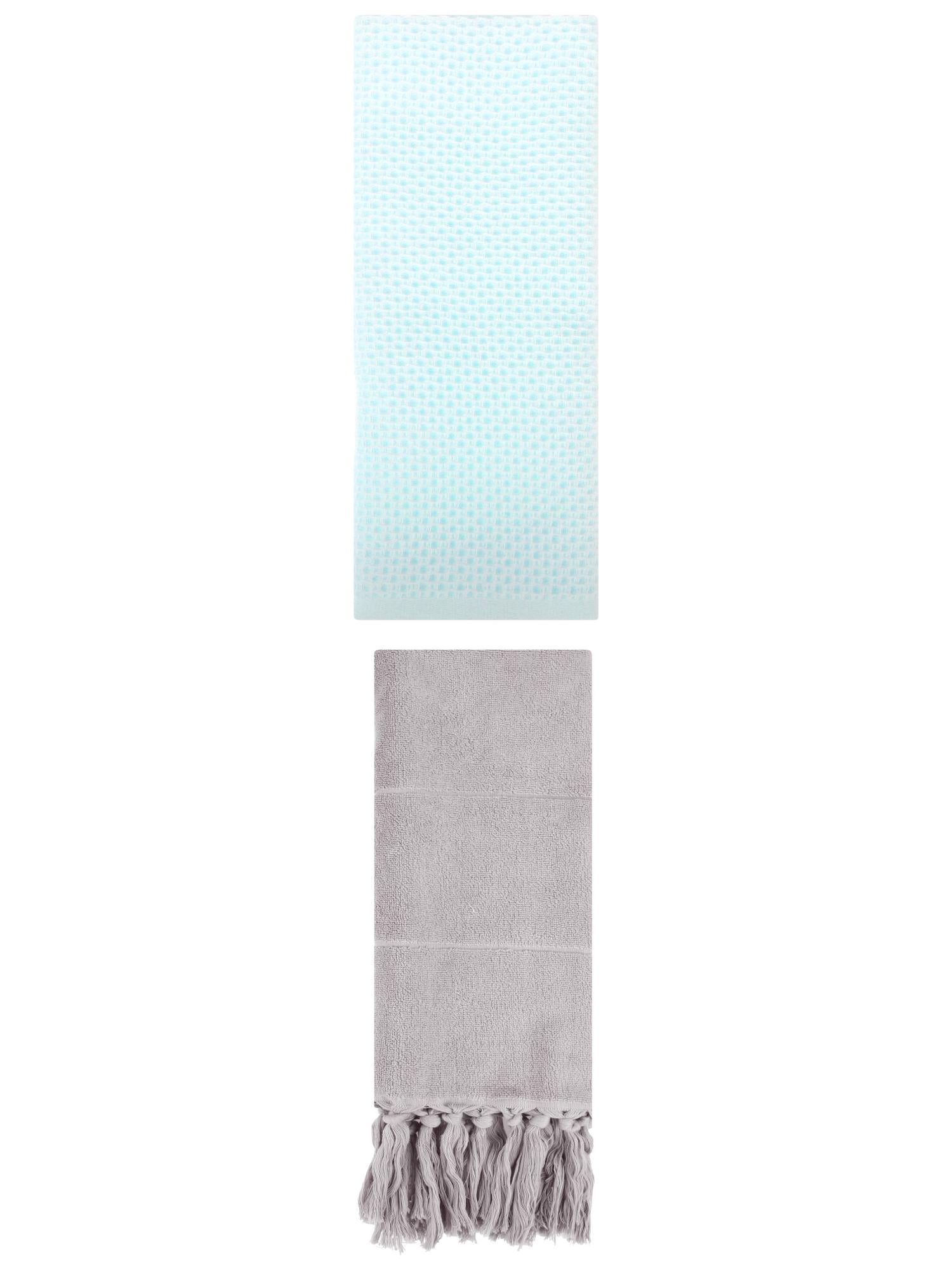 Unique Bargains 2 Pcs Tassels and Waffle Hand Towel Grey/Light Cyan 14"x30"/13"x30"