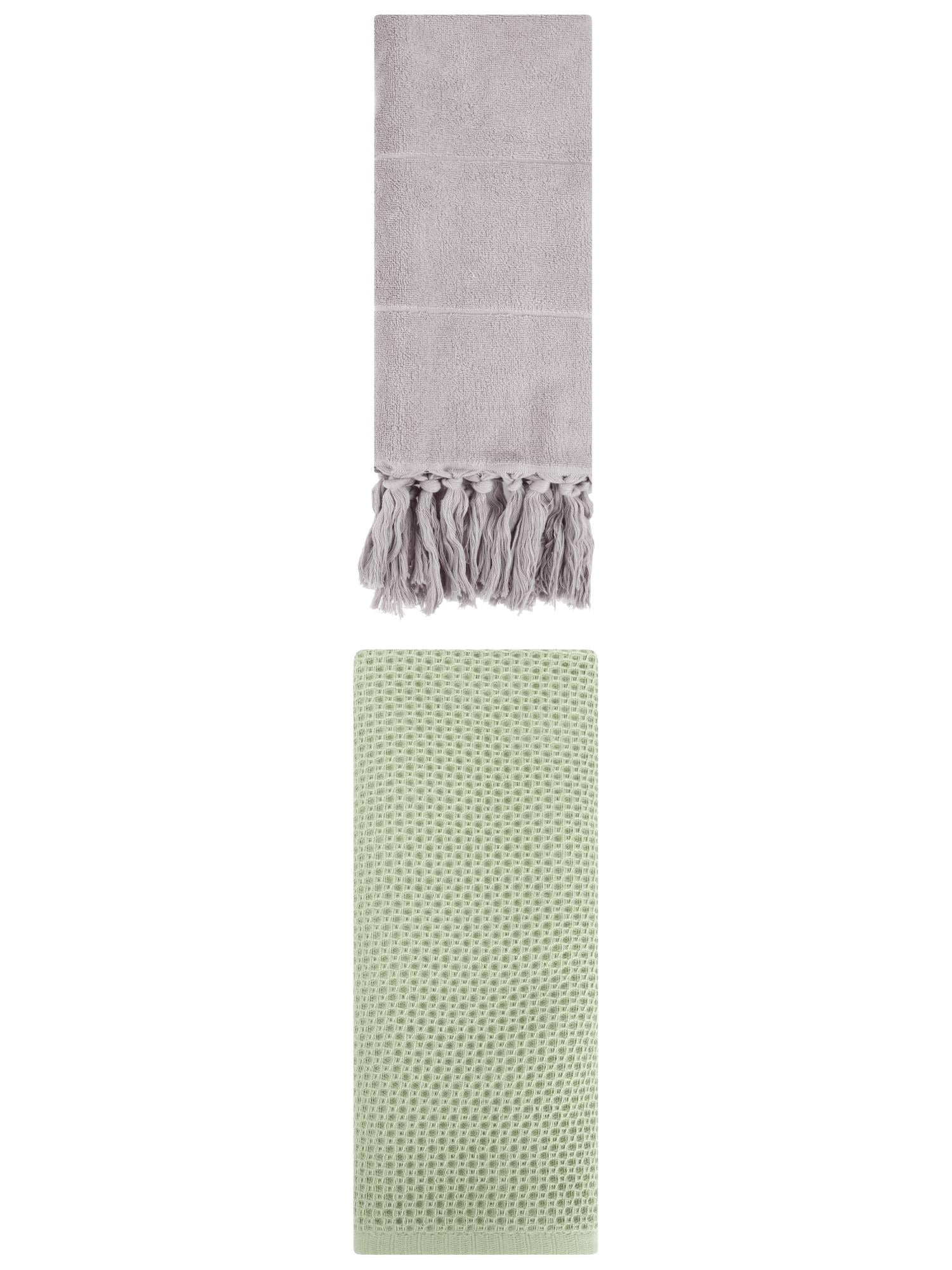 Unique Bargains 2 Pcs Tassels and Waffle Hand Towel Grey/Light Green 14"x30"/13"x30"