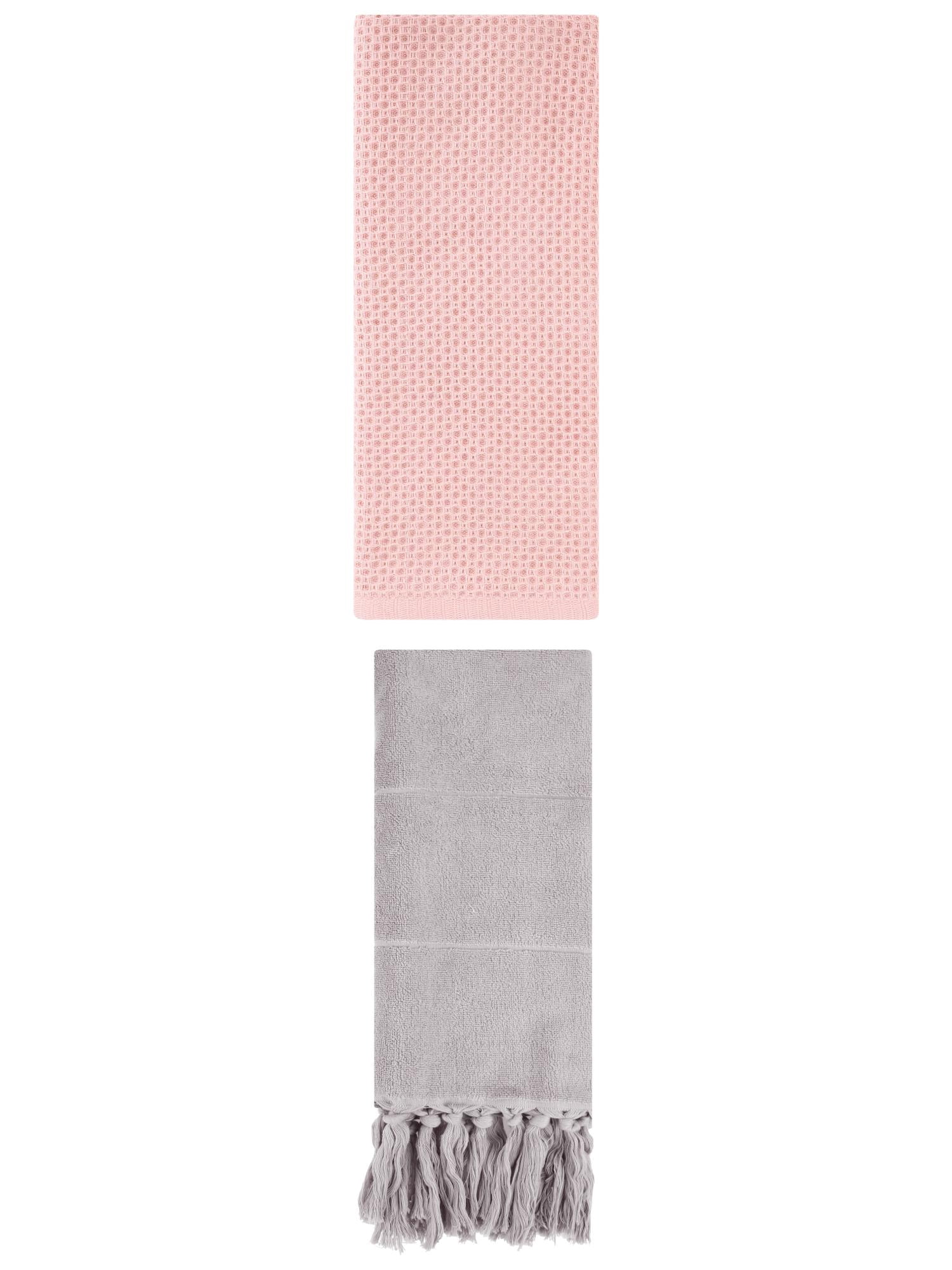 Unique Bargains 2 Pcs Tassels and Waffle Hand Towel Grey/Pink 14"x30"/13"x30"