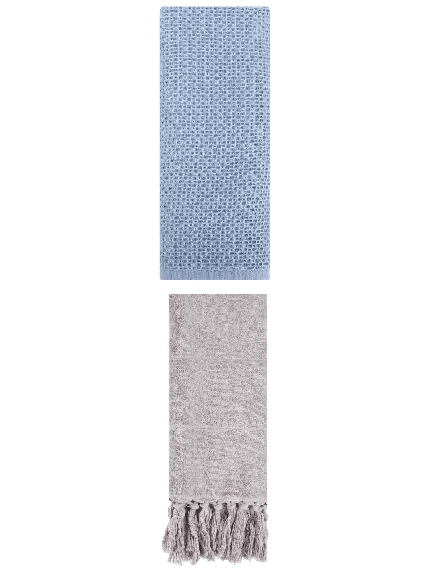 Unique Bargains 2 Pcs Tassels and Waffle Hand Towel Grey/Steel Blue 14"x30"/13"x30"