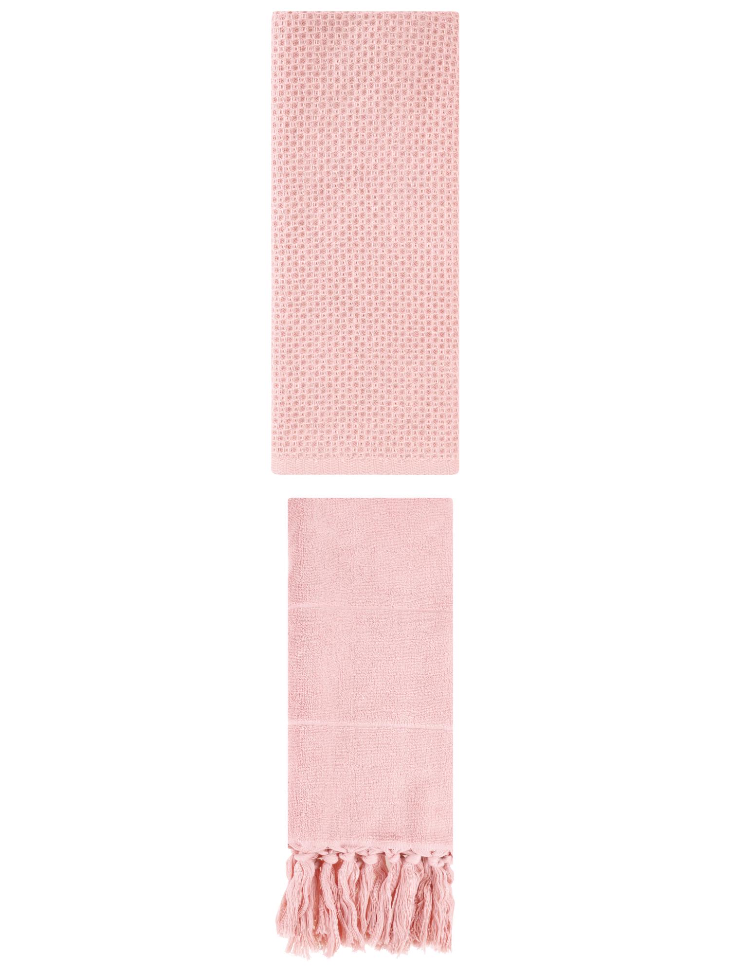 Unique Bargains 2 Pcs Tassels and Waffle Hand Towel Pink 14"x30"/13"x30"
