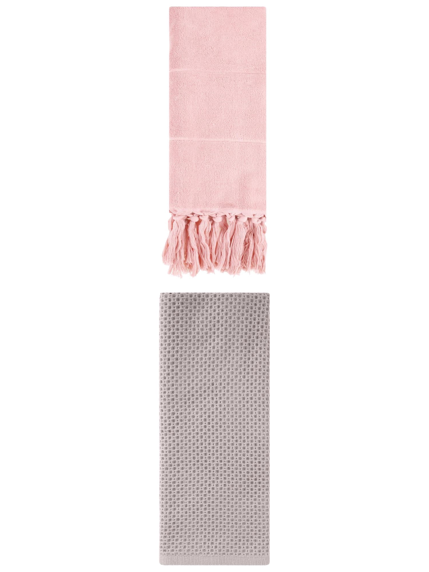 Unique Bargains 2 Pcs Tassels and Waffle Hand Towel Pink/Camel 14"x30"/13"x30"