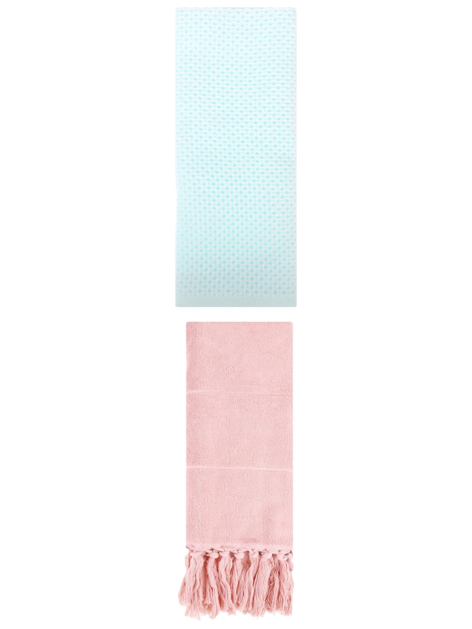 Unique Bargains 2 Pcs Tassels and Waffle Hand Towel Pink/Light Cyan 14"x30"/13"x30"