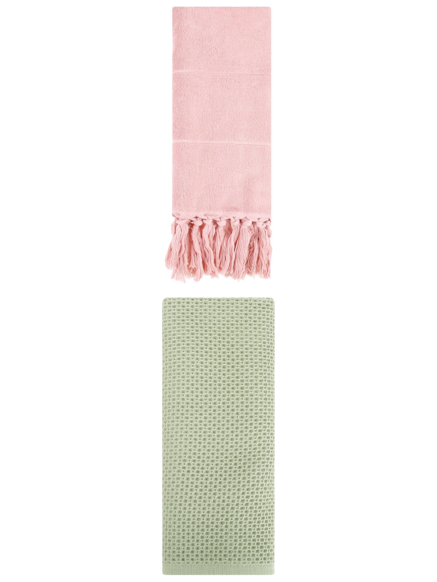 Unique Bargains 2 Pcs Tassels and Waffle Hand Towel Pink/Light Green 14"x30"/13"x30"