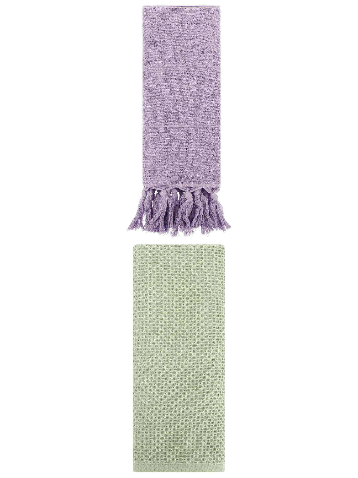 Unique Bargains 2 Pcs Tassels and Waffle Hand Towel Purple/Light Green 14"x30"/13"x30"