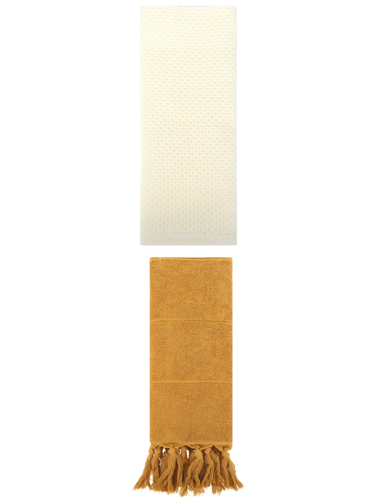 Unique Bargains 2 Pcs Tassels and Waffle Hand Towel Yellow/Beige 14"x30"/13"x30"
