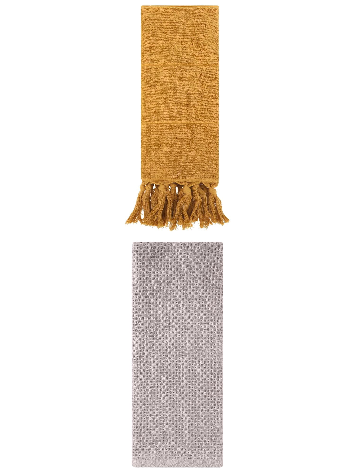 Unique Bargains 2 Pcs Tassels and Waffle Hand Towel Yellow/Camel 14"x30"/13"x30"