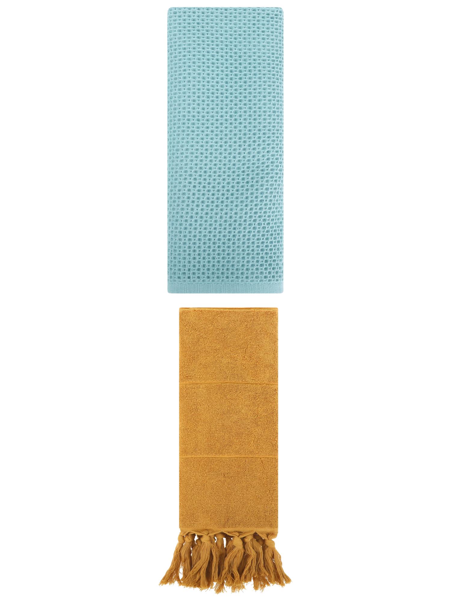 Unique Bargains 2 Pcs Tassels and Waffle Hand Towel Yellow/Light Blue 14"x30"/13"x30"