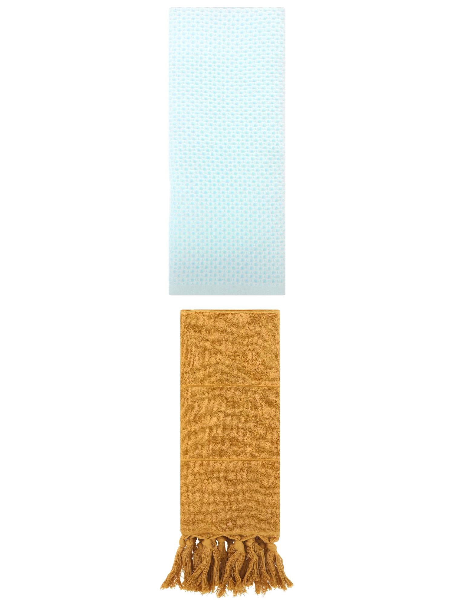 Unique Bargains 2 Pcs Tassels and Waffle Hand Towel Yellow/Light Cyan 14"x30"/13"x30"