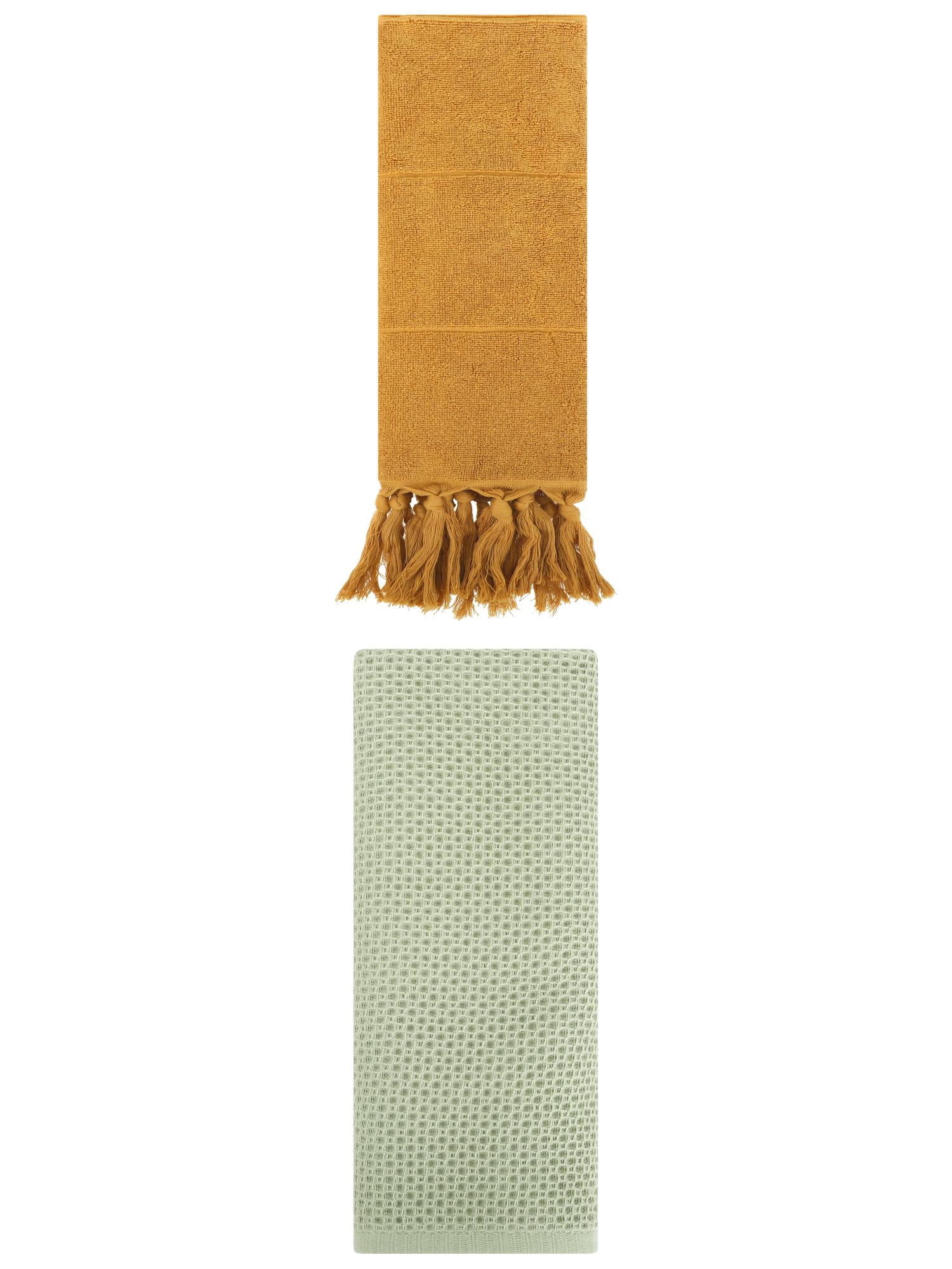 Unique Bargains 2 Pcs Tassels and Waffle Hand Towel Yellow/Light Green 14"x30"/13"x30"