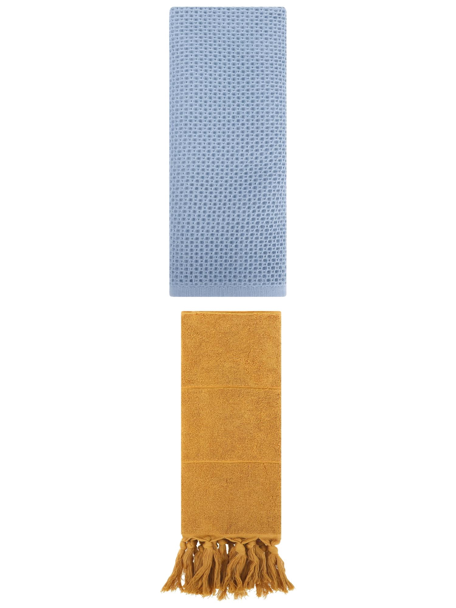 Unique Bargains 2 Pcs Tassels and Waffle Hand Towel Yellow/Steel Blue 14"x30"/13"x30"