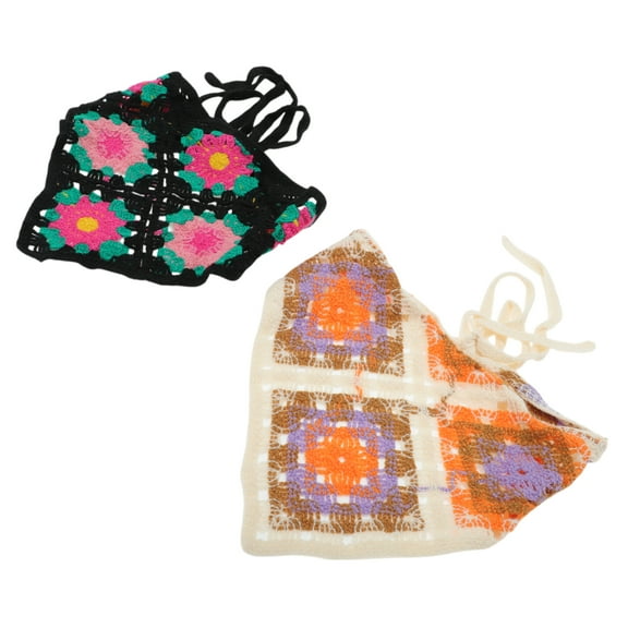 Unique Bargains 2 Pcs Triangle Bandana Flowers Grid Knitted Turban Crochet Hair Scarf for Women Black Beige