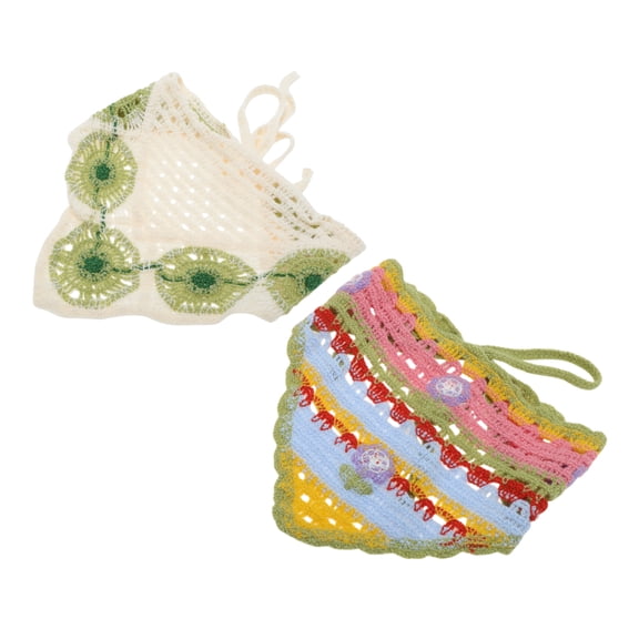 Unique Bargains 2 Pcs Triangle Bandana Knitted Turban Crochet Hair Scarf for Women Pink Beige
