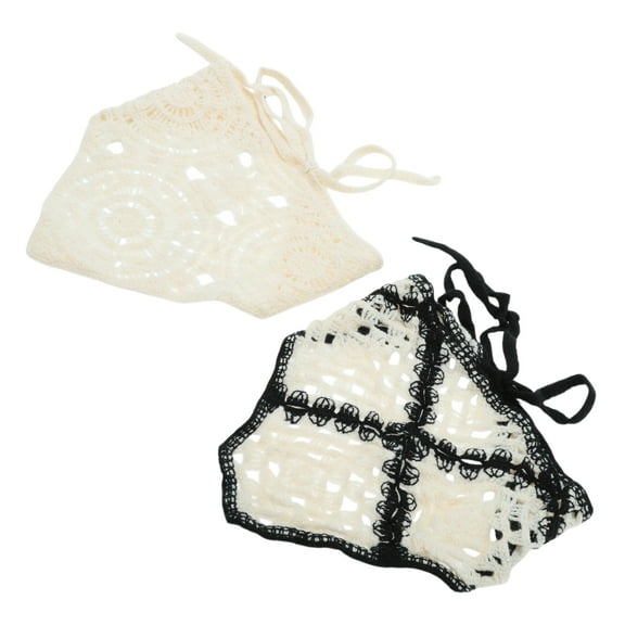 Unique Bargains 2 Pcs Triangle Bandana Solid Color Knitted Turban Crochet Hair Scarf for Women Black Beige