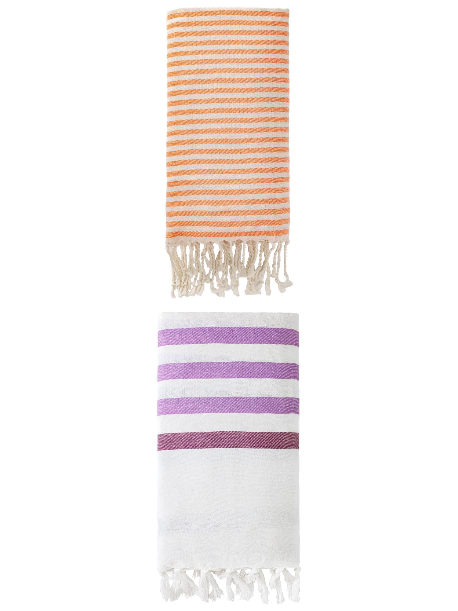 Unique Bargains 2 Pcs Turkish Striped Beach Towel with Tassel Trim Purple/Orange 71" x 40"