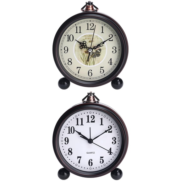 Unique Bargains 2 Pcs Vintage Desk Clock Silent Retro Battery Operated Brown/White