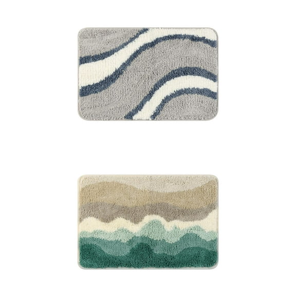 Unique Bargains 2 Pcs Wavy Stripes Bathroom Rugs Absorbent Non-Slip Bath Mats Multi-2/Multi-3 16" x 24"