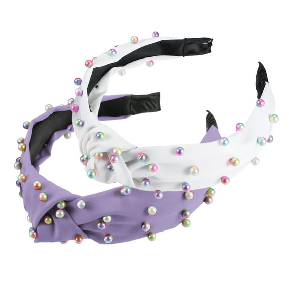Unique Bargains 2 Pcs Women' Colorful Bead Knotted Headband White Purple 1.57" Wide Classic Casual Style for Women