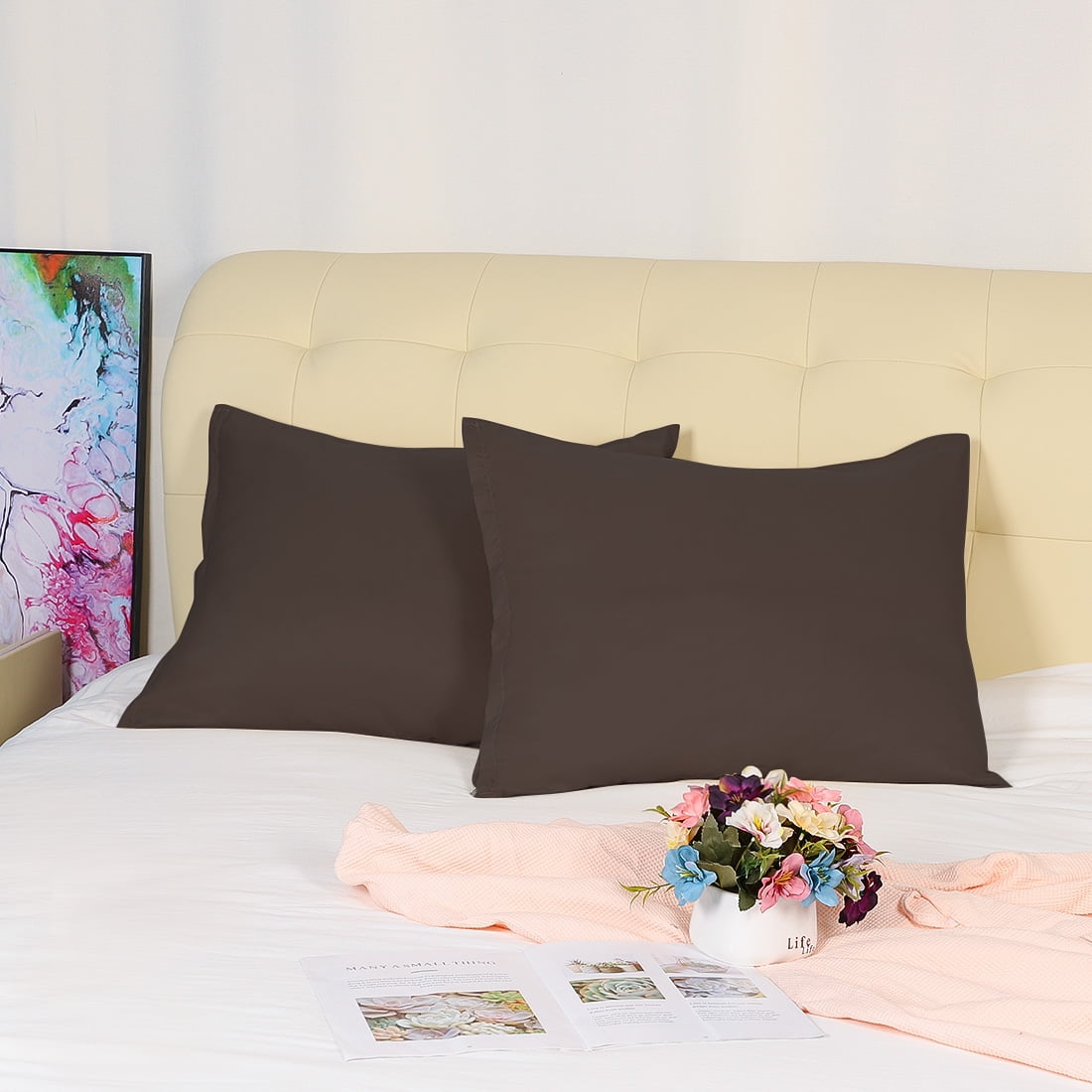 Unique Bargains 2-Piece 1800D Microfiber Solid Pillowcases Brown Queen