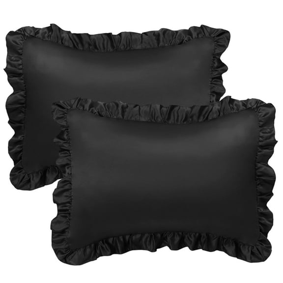 Unique Bargains 2-Piece Satin Ruffled Edge Pillowcases, King, Black