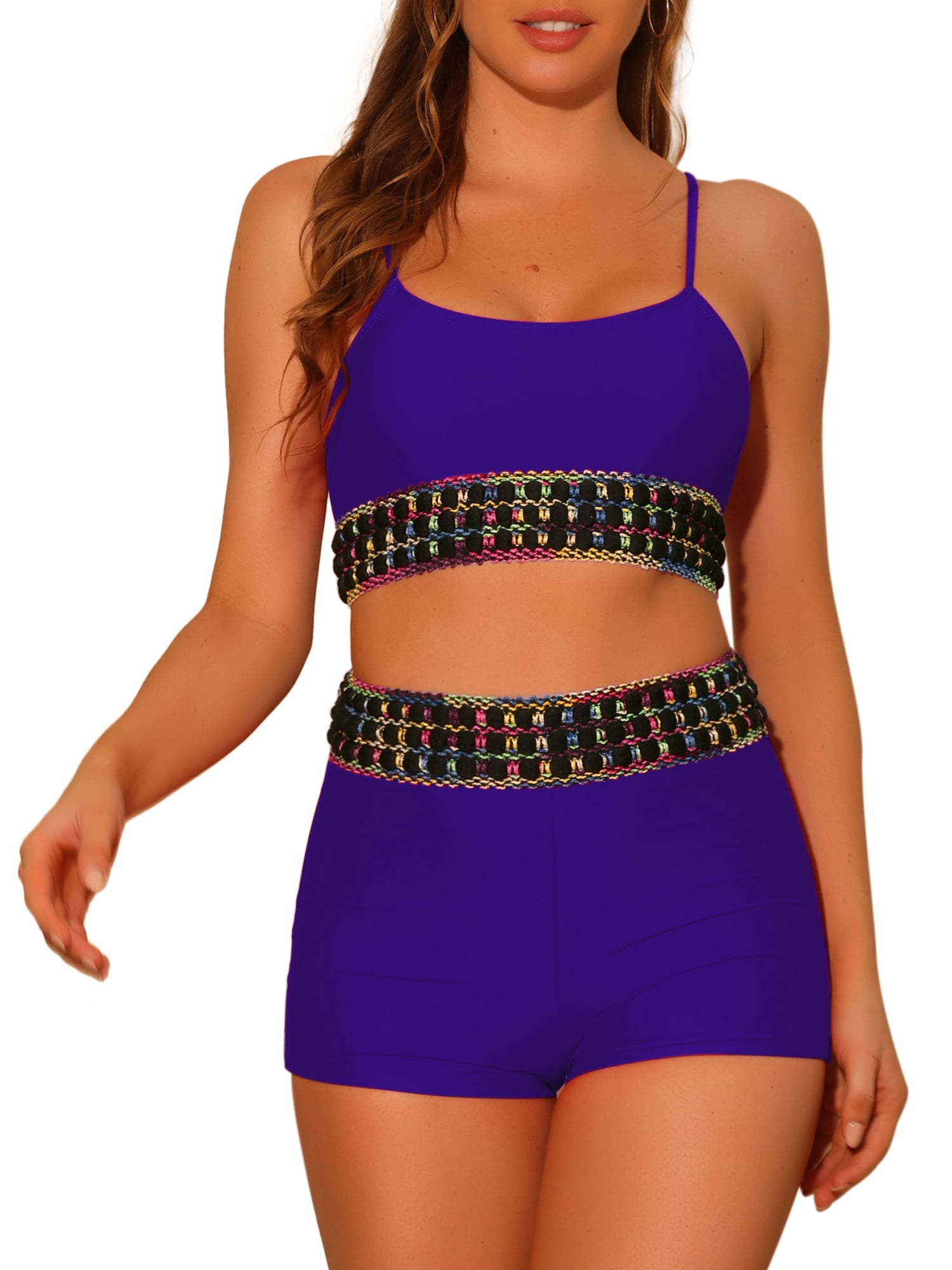 DARING DIVA 2 Pieces Contrast Color Bikini Sets Scoop Suit
 L Dark Blue Purple