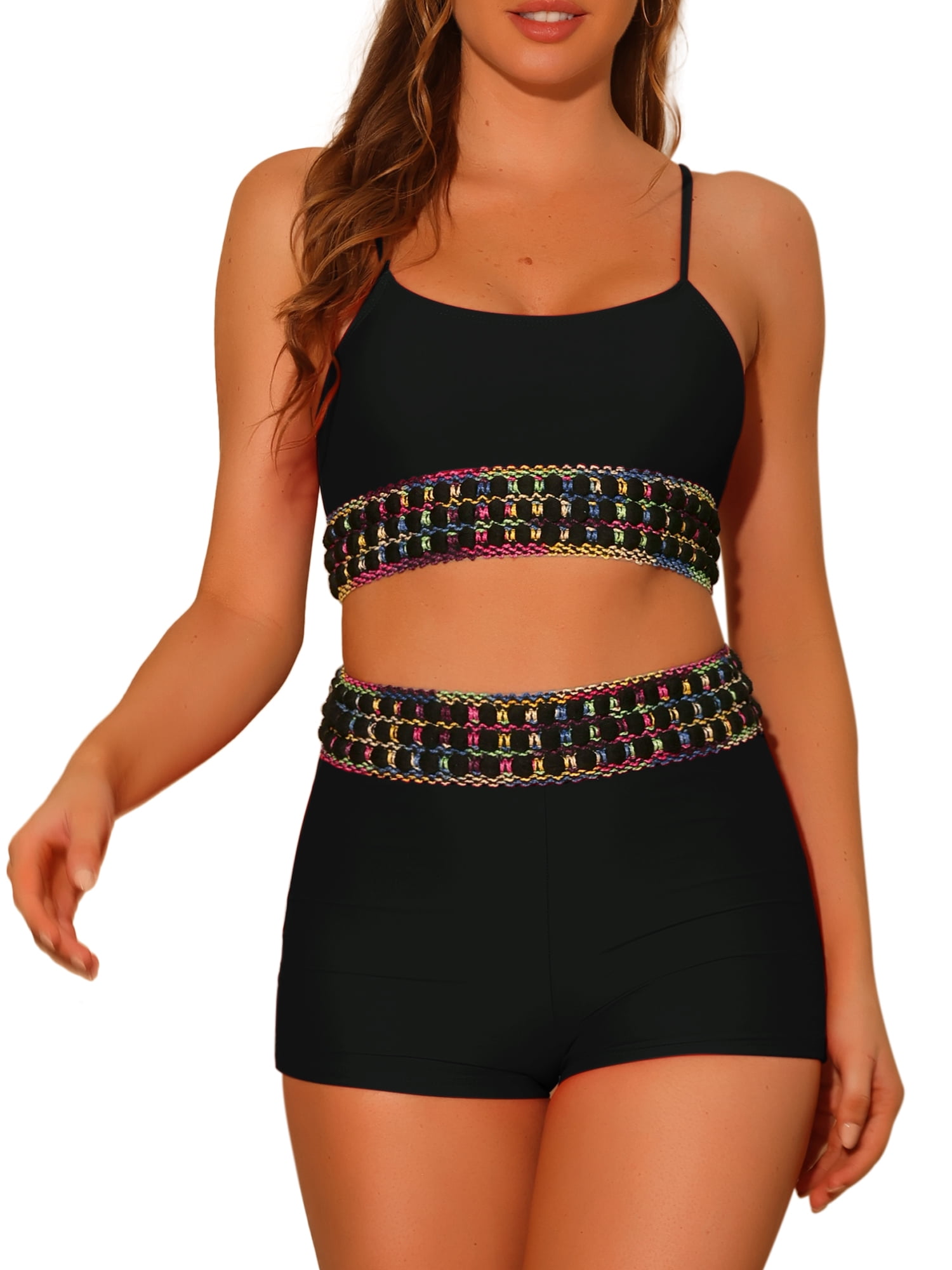 DARING DIVA 2 Pieces Contrast Color Bikini Sets Scoop Suit
 XS Black