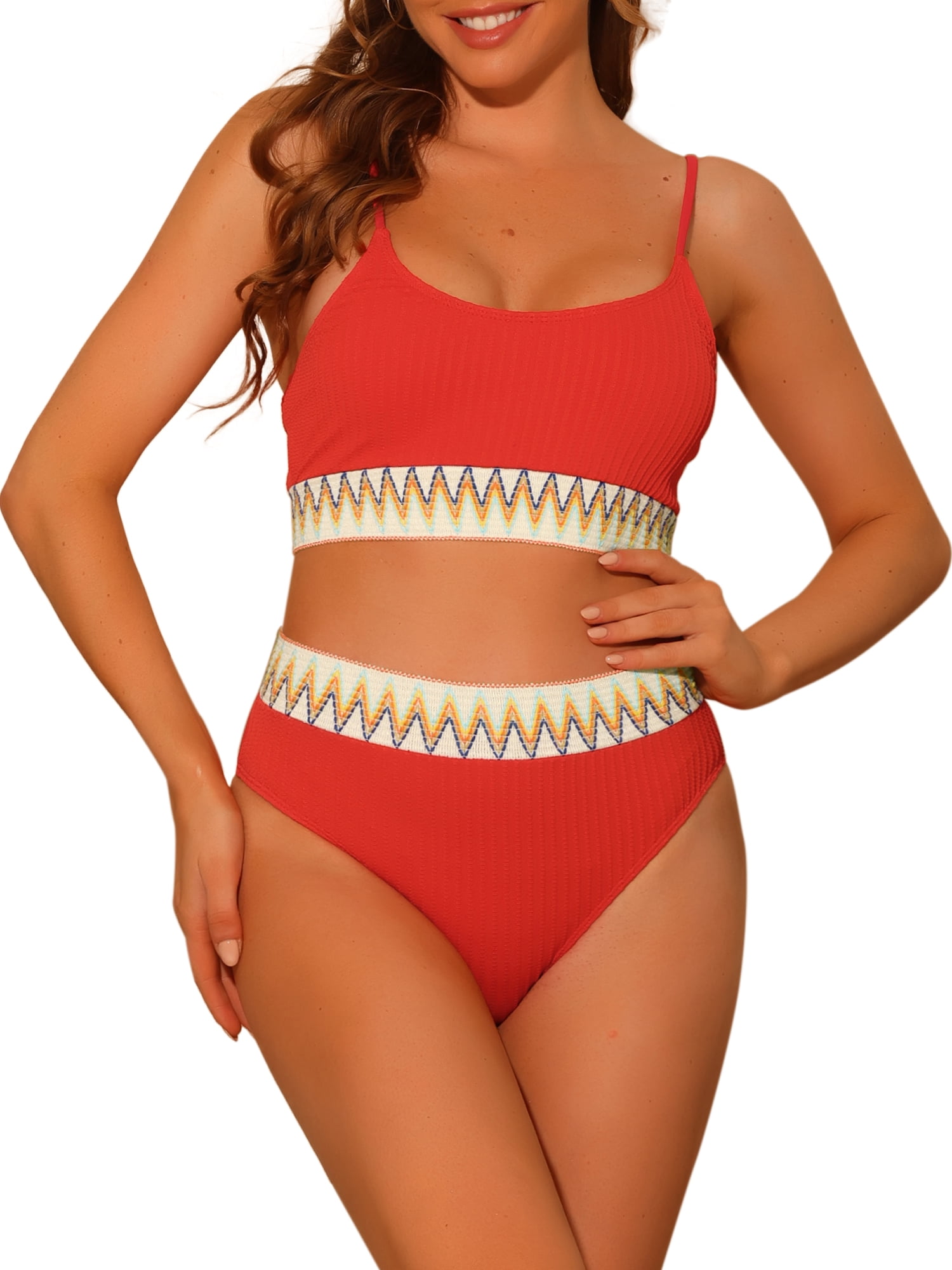 DARING DIVA 2 Pieces High Waisted Ribbed Swimsuit Swimwear M Red