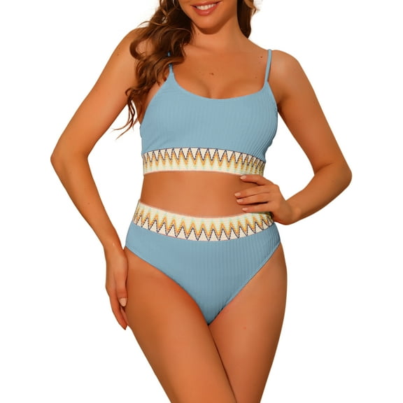 DARING DIVA 2 Pieces High Waisted Ribbed Swimsuit Swimwear S Light Blue