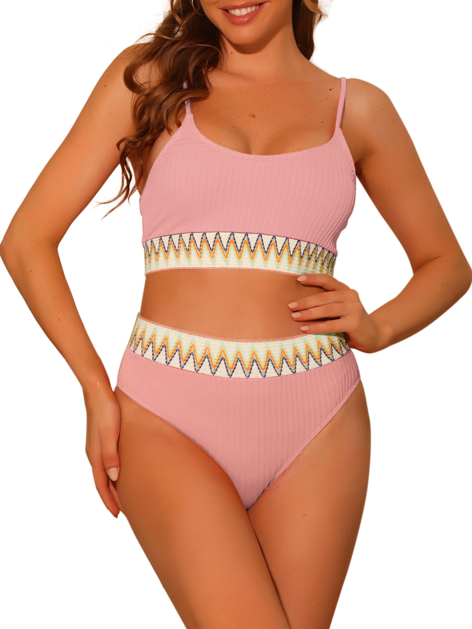 DARING DIVA 2 Pieces High Waisted Ribbed Swimsuit Swimwear S Pink