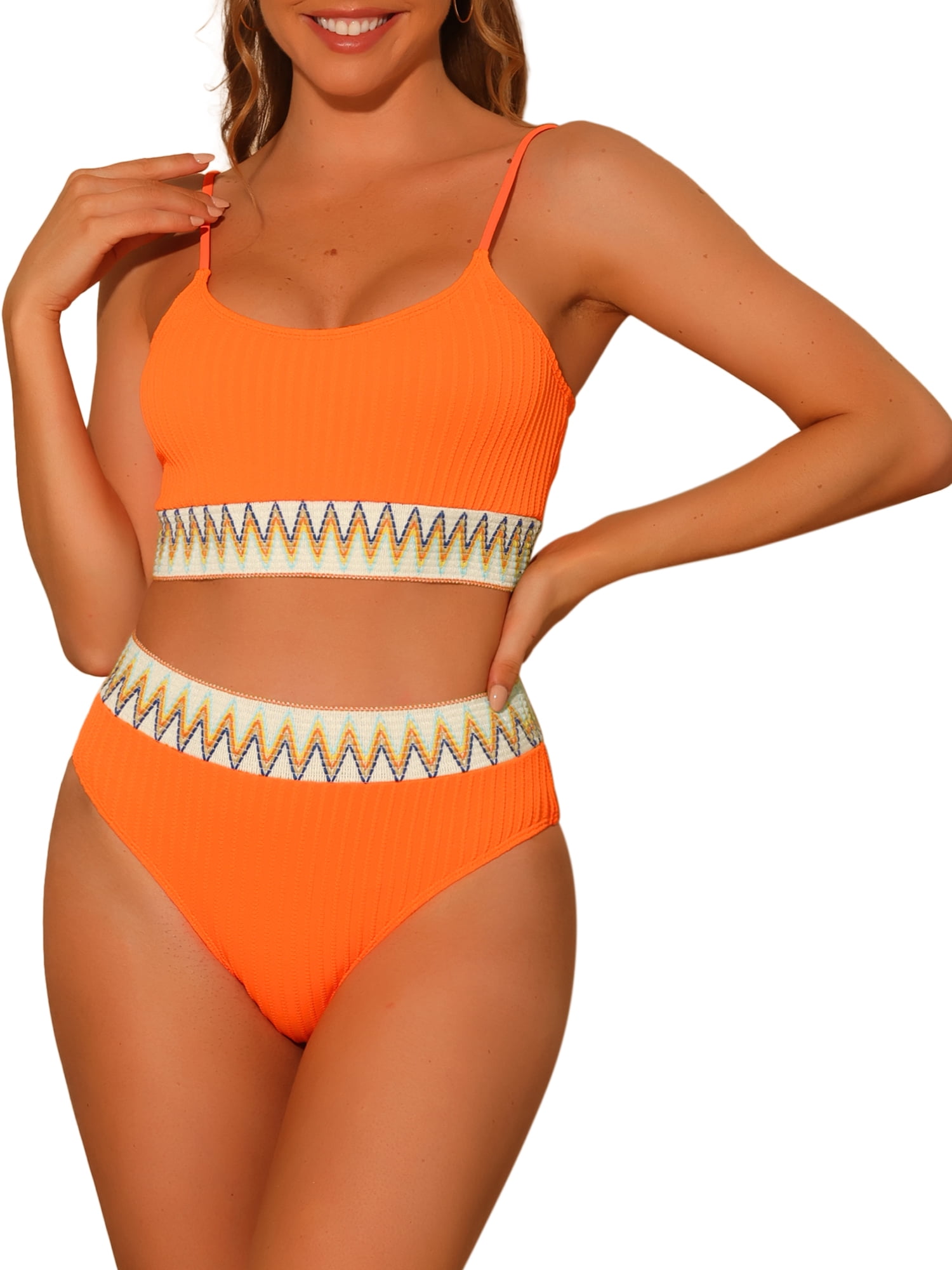DARING DIVA 2 Pieces High Waisted Ribbed Swimsuit Swimwear XL Orange