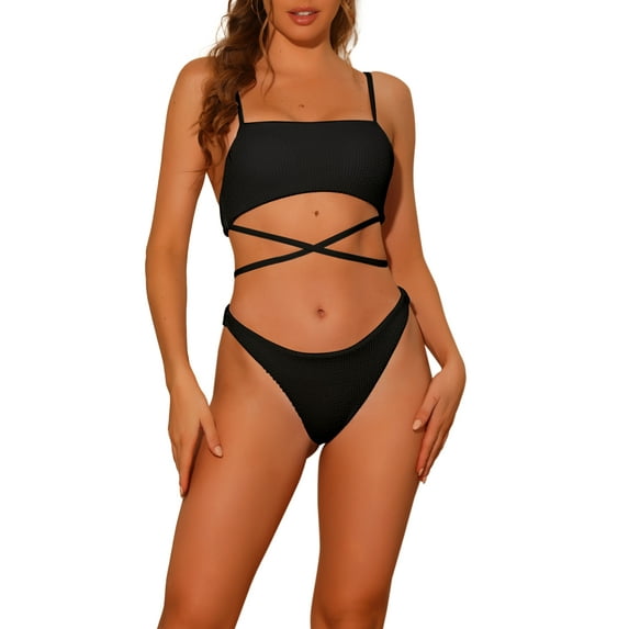 DARING DIVA 2 Pieces Sporty Ribbed Bikini Sets Swimwear Bathing Suits S Black