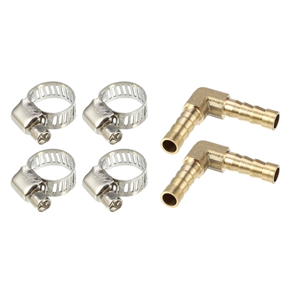 Unique Bargains 2 Set 6mm L Shaped Hose Barb L Barbed Tube Pipe Fitting Brass Hose Fitting Connector with Clamps