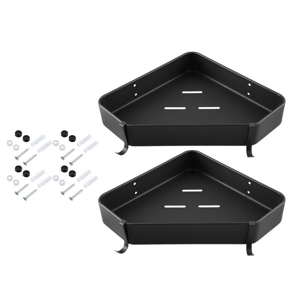 Unique Bargains 2 Set Bath Corner Shower Shelves Adhesive Caddy with Hooks Drill for Bathroom Black 9.57"x9.57"x1.97"