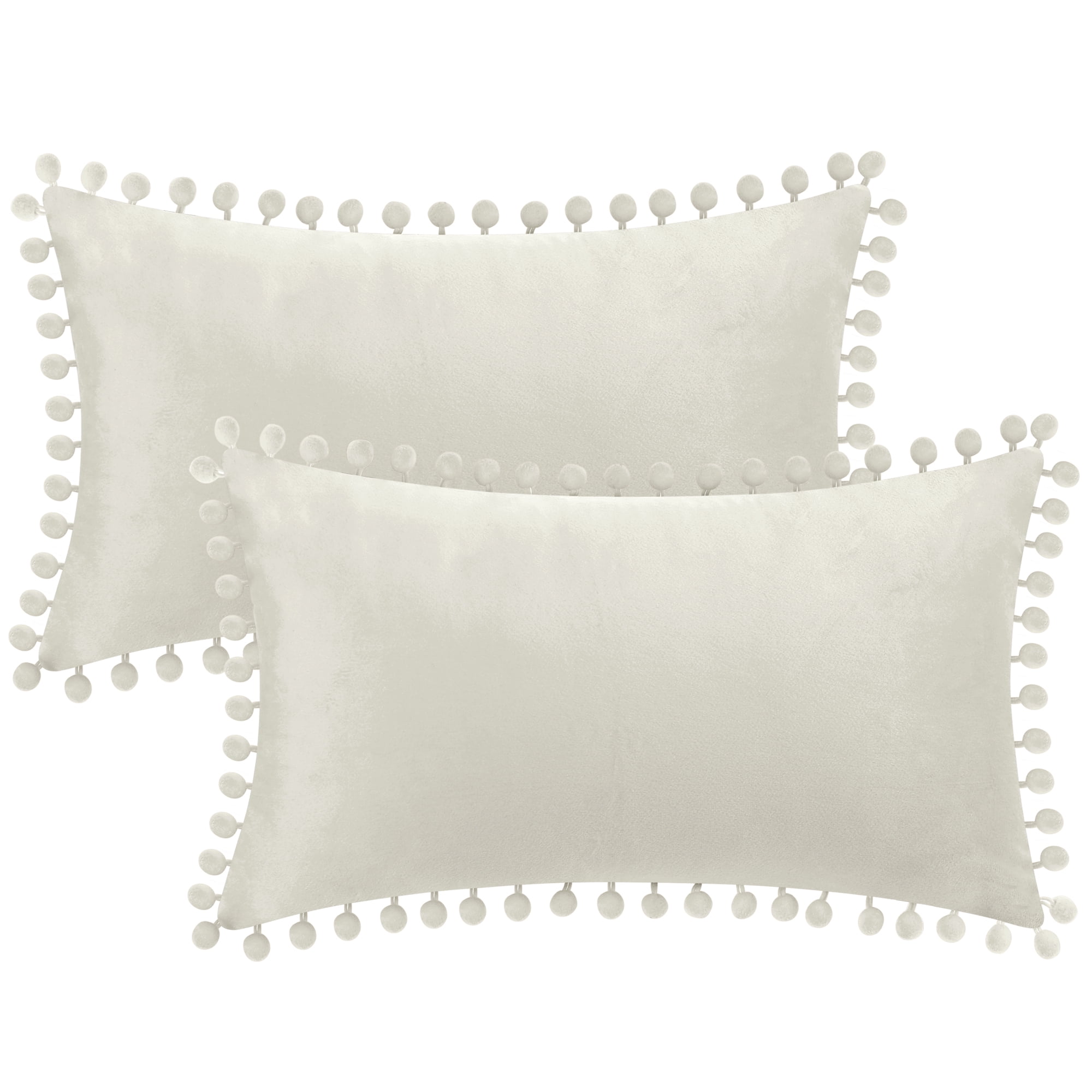 Unique Bargains 2 Velvet Throw Pillow Covers Pompoms Decorative Pillow Cases Cushion Cover Beige 12" x 20"