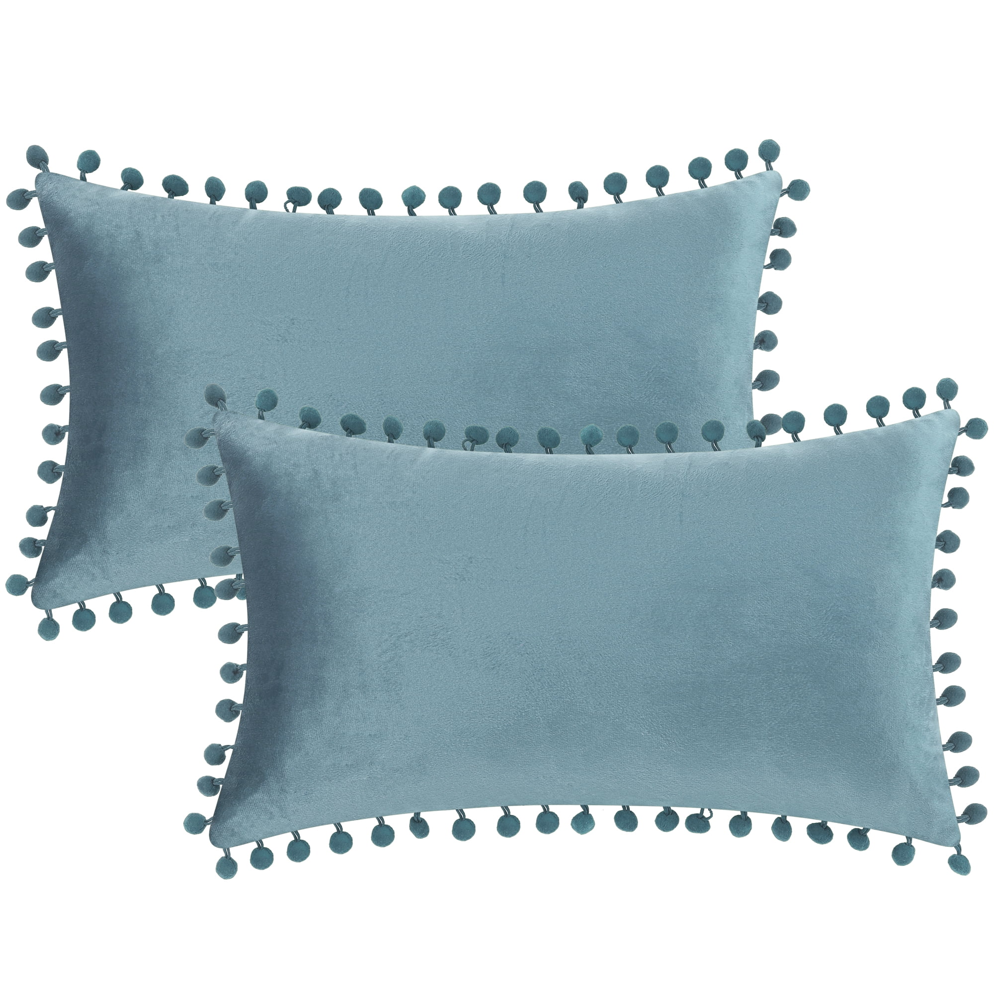 Unique Bargains 2 Velvet Throw Pillow Covers Pompoms Decorative Pillow Cases Cushion Cover Blue 12" x 20"