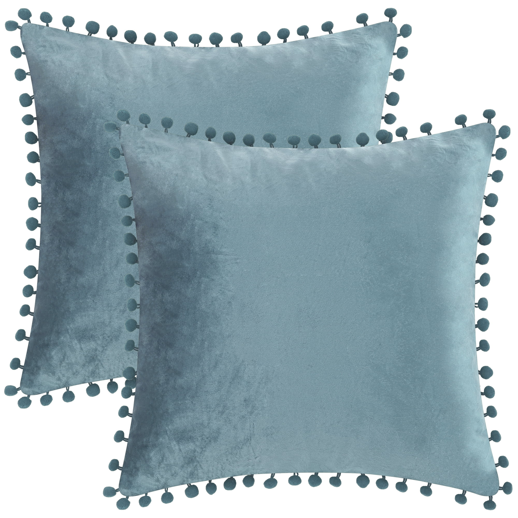 Unique Bargains 2 Velvet Throw Pillow Covers Pompoms Decorative Pillow Cases Cushion Cover Blue 18" x 18"
