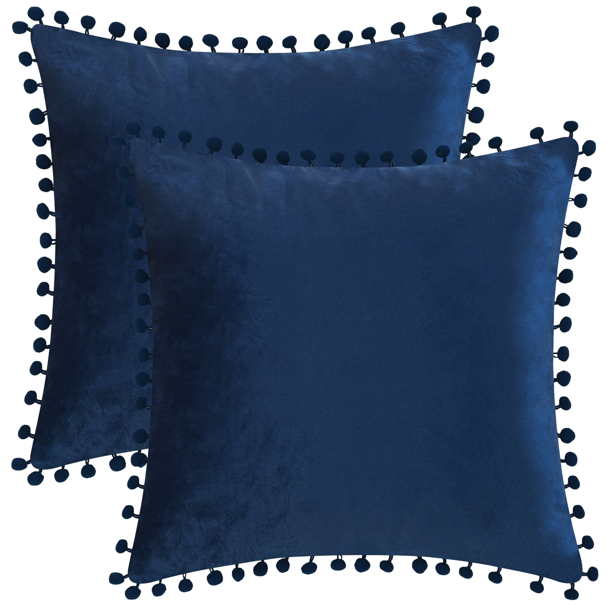 Unique Bargains 2 Velvet Throw Pillow Covers Pompoms Decorative Pillow Cases Cushion Cover Dark Blue 16" x 16"