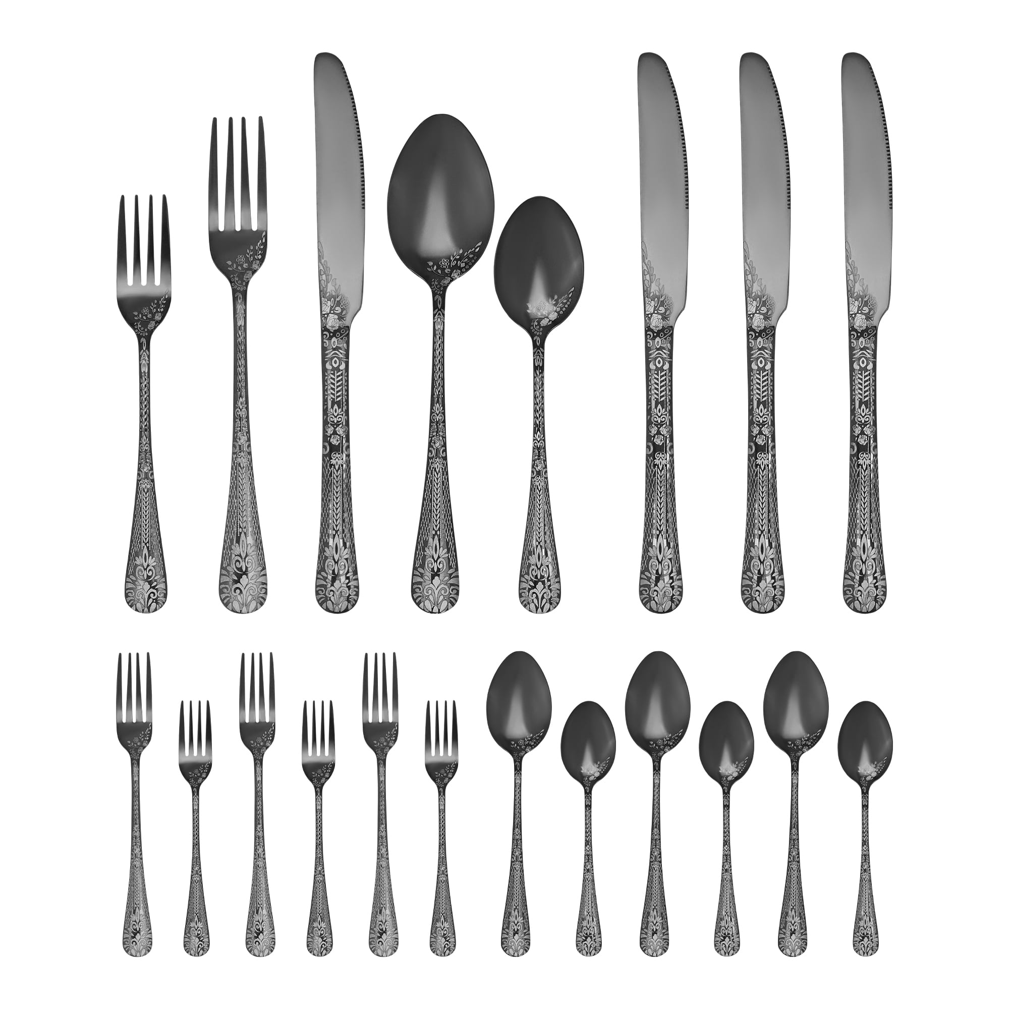 Unique Bargains 20 Piece Floral Stainless Steel Flatware Set for 4 Modern Cutlery Black