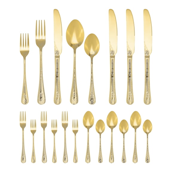 Unique Bargains 20 Piece Floral Stainless Steel Flatware Set for 4 Modern Cutlery Gold