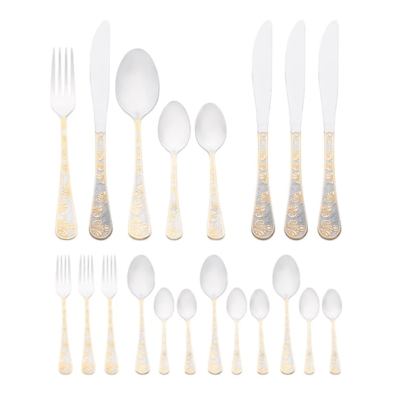 Unique Bargains 20 Piece Silverware Set Stainless Steel Floral Flatware Silver/Gold 20