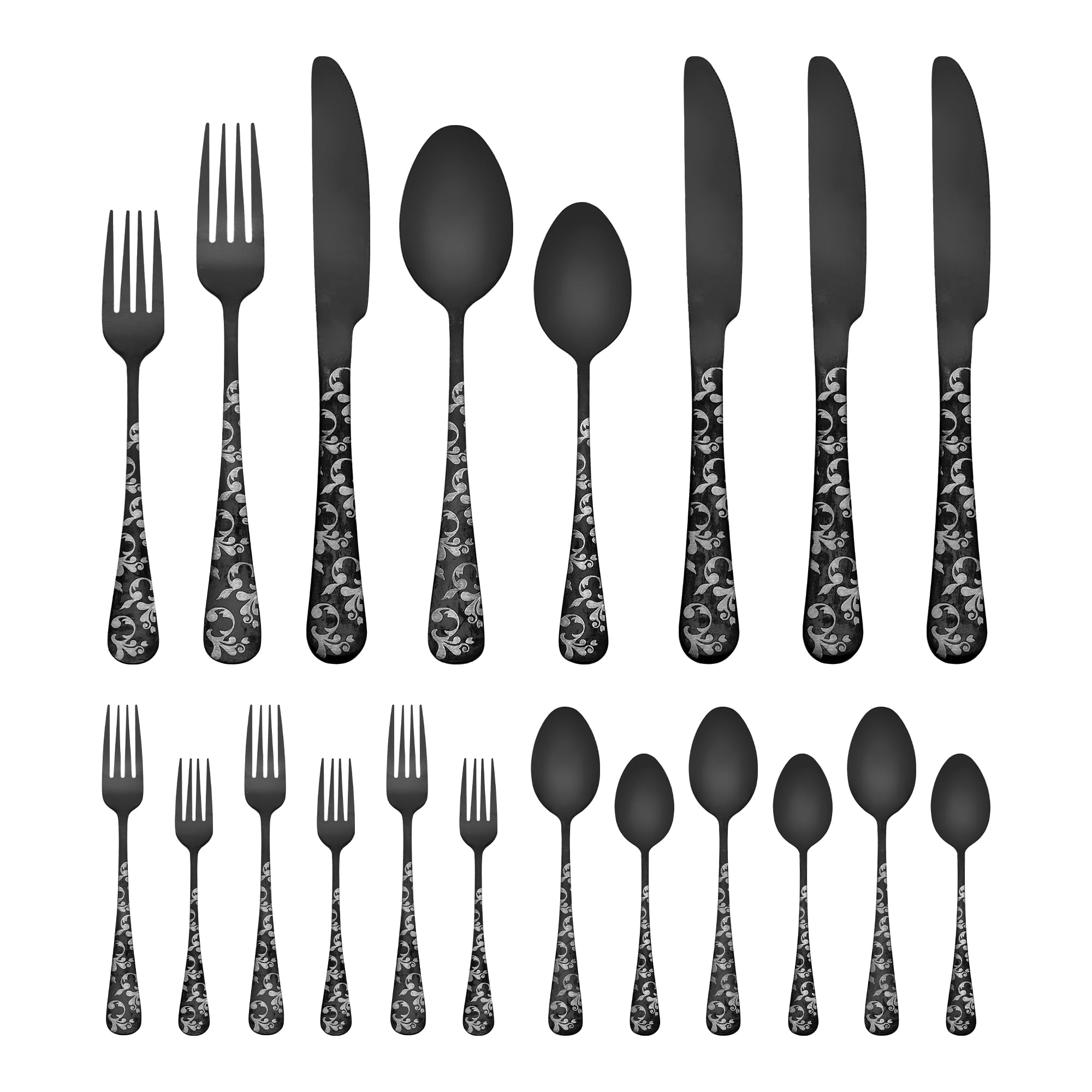 Unique Bargains 20 Piece Silverware Set for 4 Stainless Steel Floral Cutlery Black 20